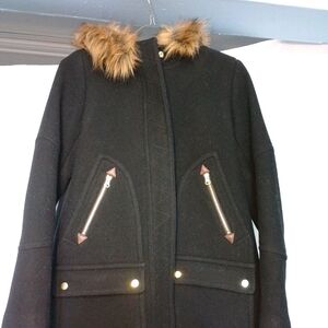 J. Crew Black Stadium Jacket with Faux Fur Trim